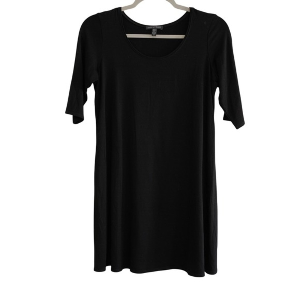 Eileen Fisher Shift Dress Size Small Black Viscose Lycra Scoop Neck Elbow Sleeve